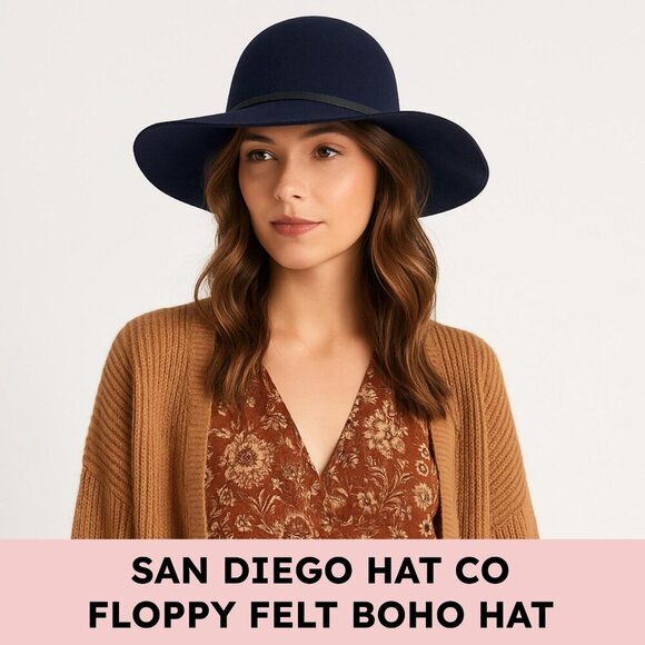 San Diego Hat Co Four Buttons Wool Felt Floppy Fedora Boho Navy O/S Fall Hat - Picture 1 of 12